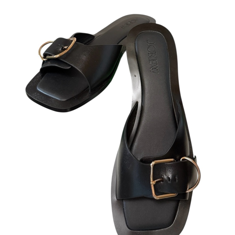 J. Crew Black Leather Sandals with Gold Buckle